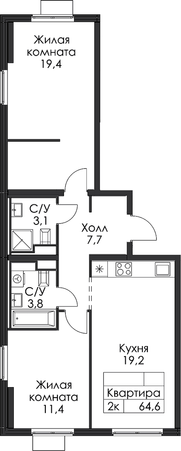 2-комнатная квартира 64.6 м², 8/15 эт., ЖК «Заречный парк»